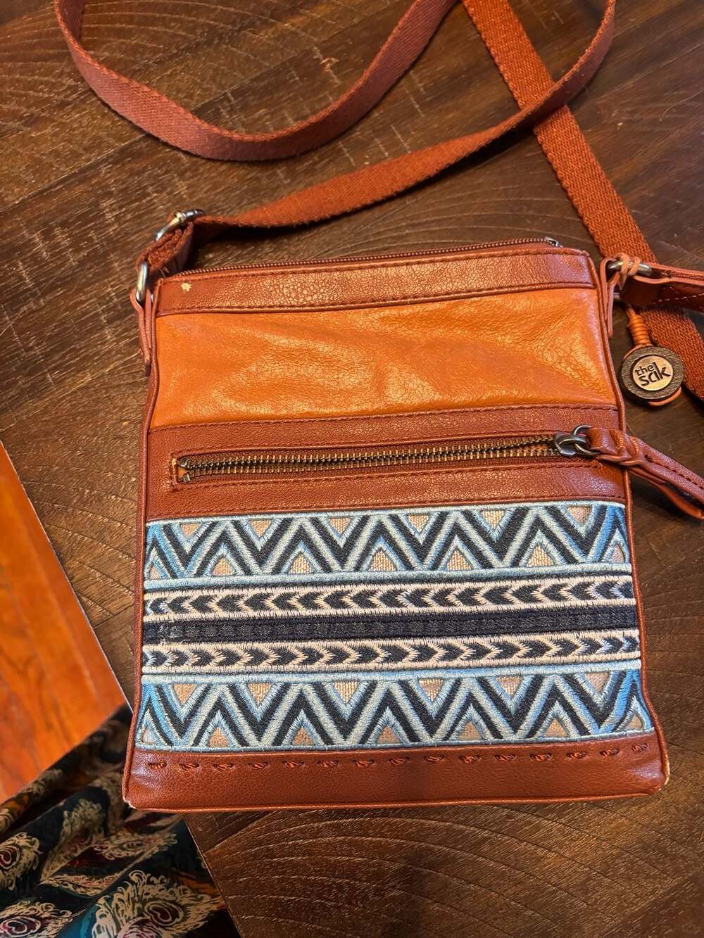 The Sak Brown Leather Crossbody Bag with Bohemian Patterned Embroidered Trim